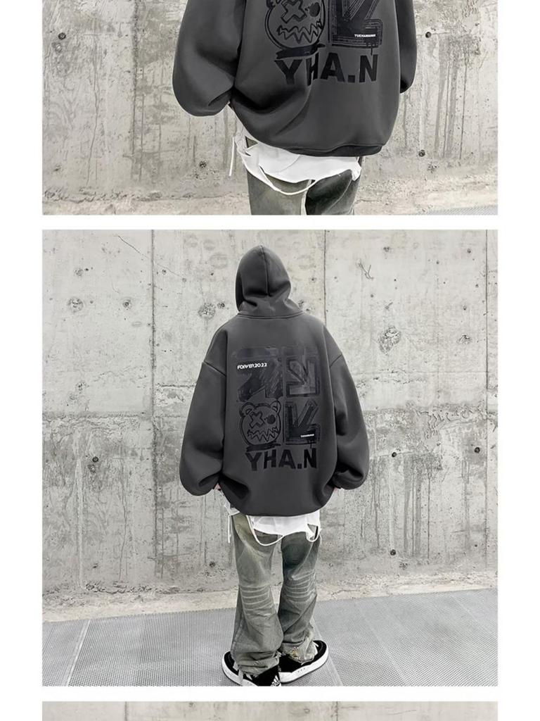 Men's Plus Velvet Hooded Sweatshirt - Large Size, Autumn/Winter, Hip-Hop Style, Trendy Loose Fit, American-Inspired.