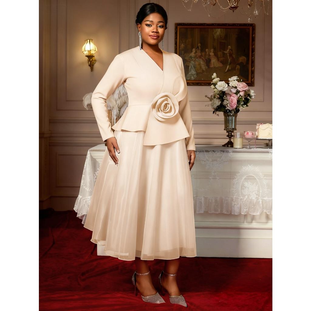 Plus Size Women's Long Sleeve 3D Flower Dress, V Neck Slim Waist Ruffled Hem Evening Party Gown