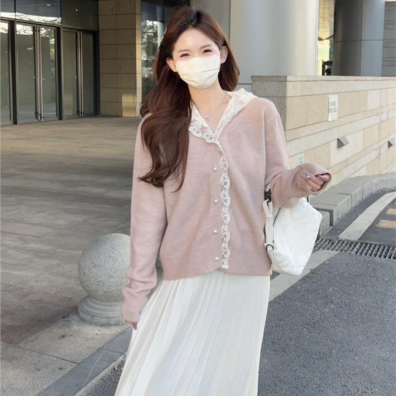 Johnature Korean Style Lace-trimmed Hooded Pearl Button Women Cardigan Sweater Winter Casual Knitted Sweaters