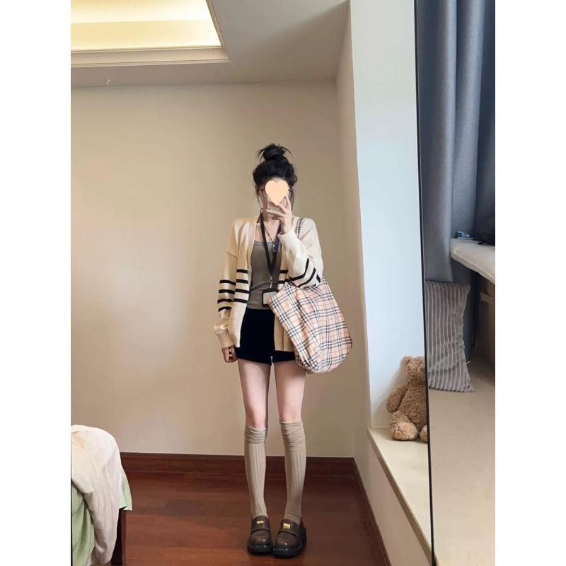 Retro Preppy Striped Cardigan Sweater - Petite Women's Knitwear for Early Autumn
