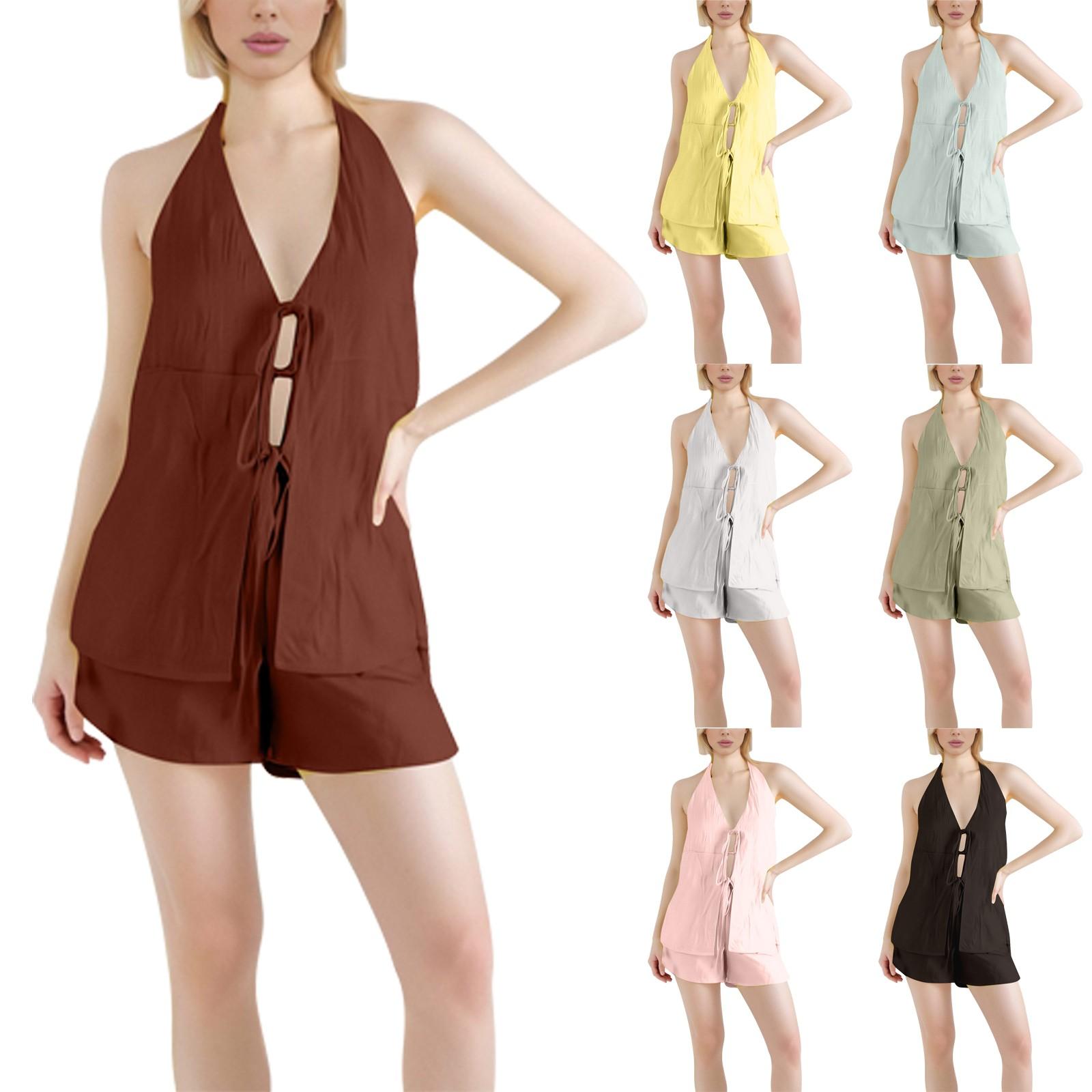 

Ladies Casual Set Solid Color Sleeveless Top + Shorts Set S чёрный