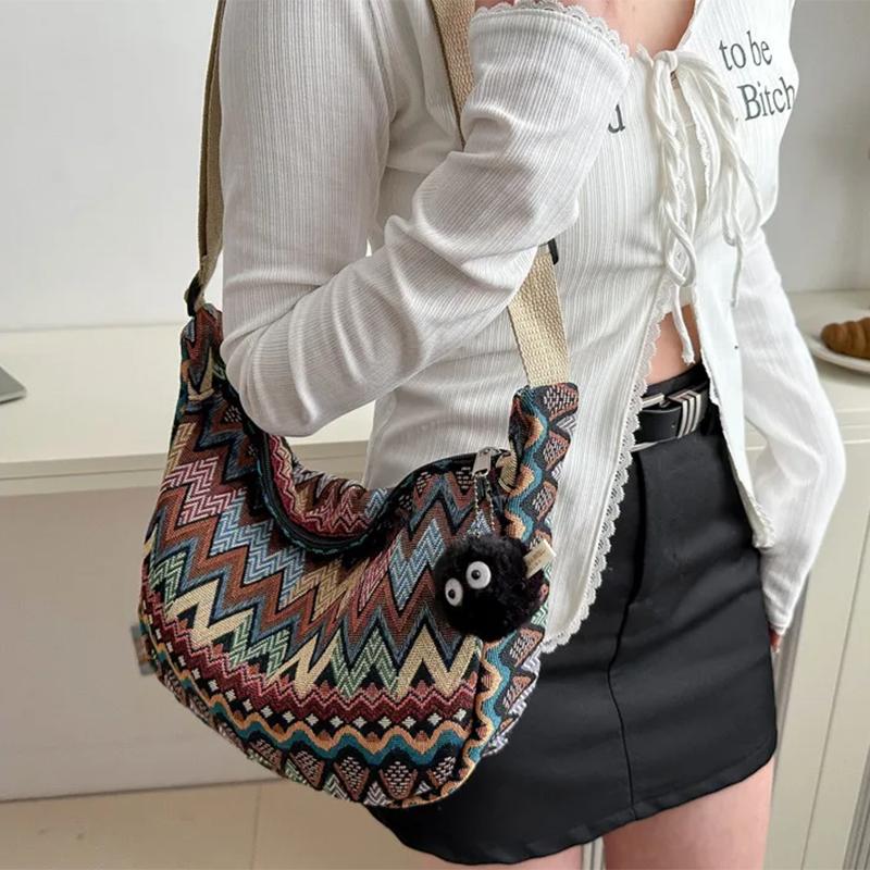 Simple and Stylish Canvas Shoulder Bag with Adjustable Strap, Stitched Embroidery, Foldable and Spacious