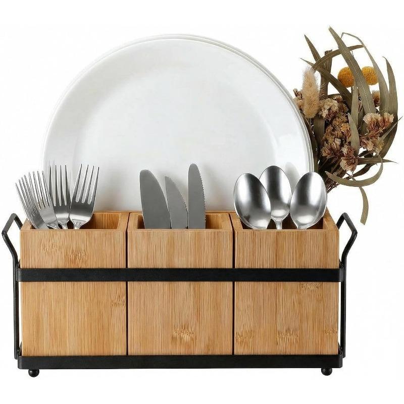 Bamboo Utensil Holder for Party, Wooden Flatware Caddy with 4 Removable Sections, Silverware Organizer with Metal Tray for Kitchen Picnic