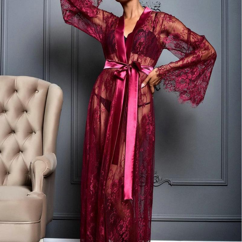Erotic lingerie plus size sexy nightdress mesh see-through long dressing gown set lace pure desire home pajamas