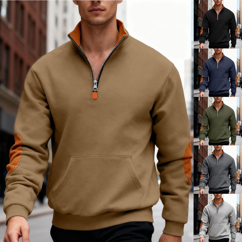 Sudadera de moda de gran tamaño para hombre Otoño/Invierno, con contraste de color, patchwork, media cremallera, forro polar, cuello alto grande