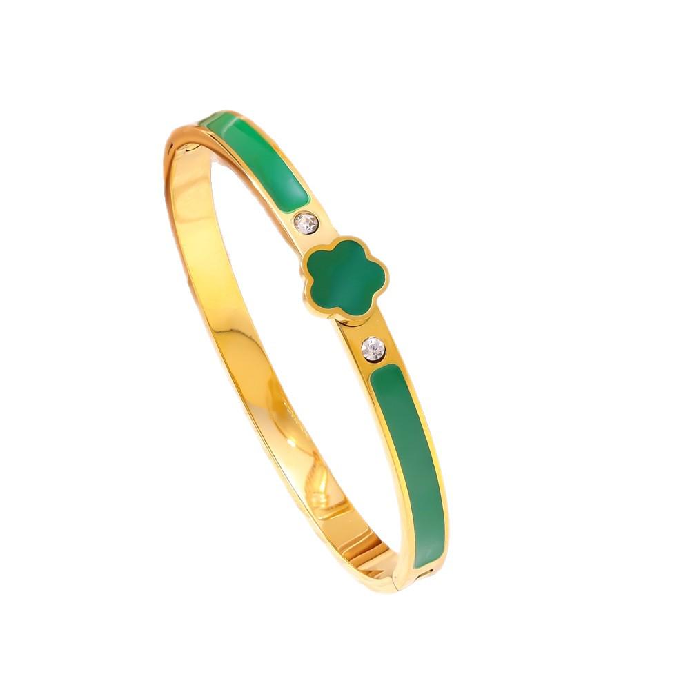 Lucky Five-Leaf Flower Titanium Steel Bracelet with Enamel & Diamond Accents