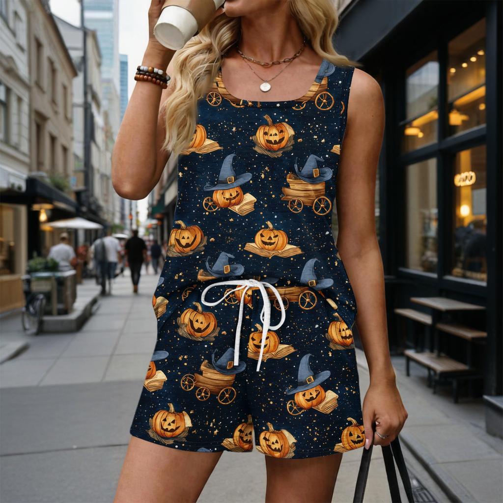 Women Summer Casual Two Piece Set Vintage Print Sleeveless Tank Top Square Neck Sportswear with Pockets Shorts Elastic Waistband