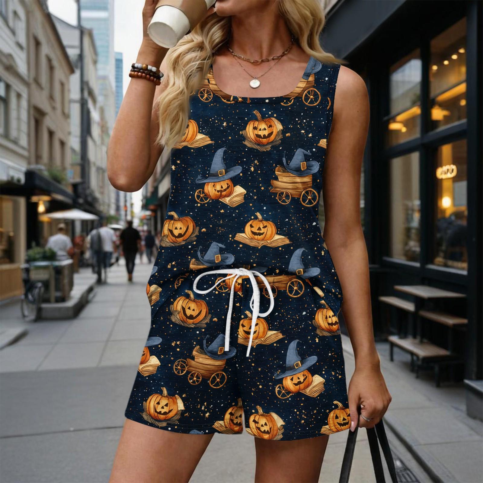 Women s Fashionable Casual Halloween Color-Block Printed Sleeveless Set M