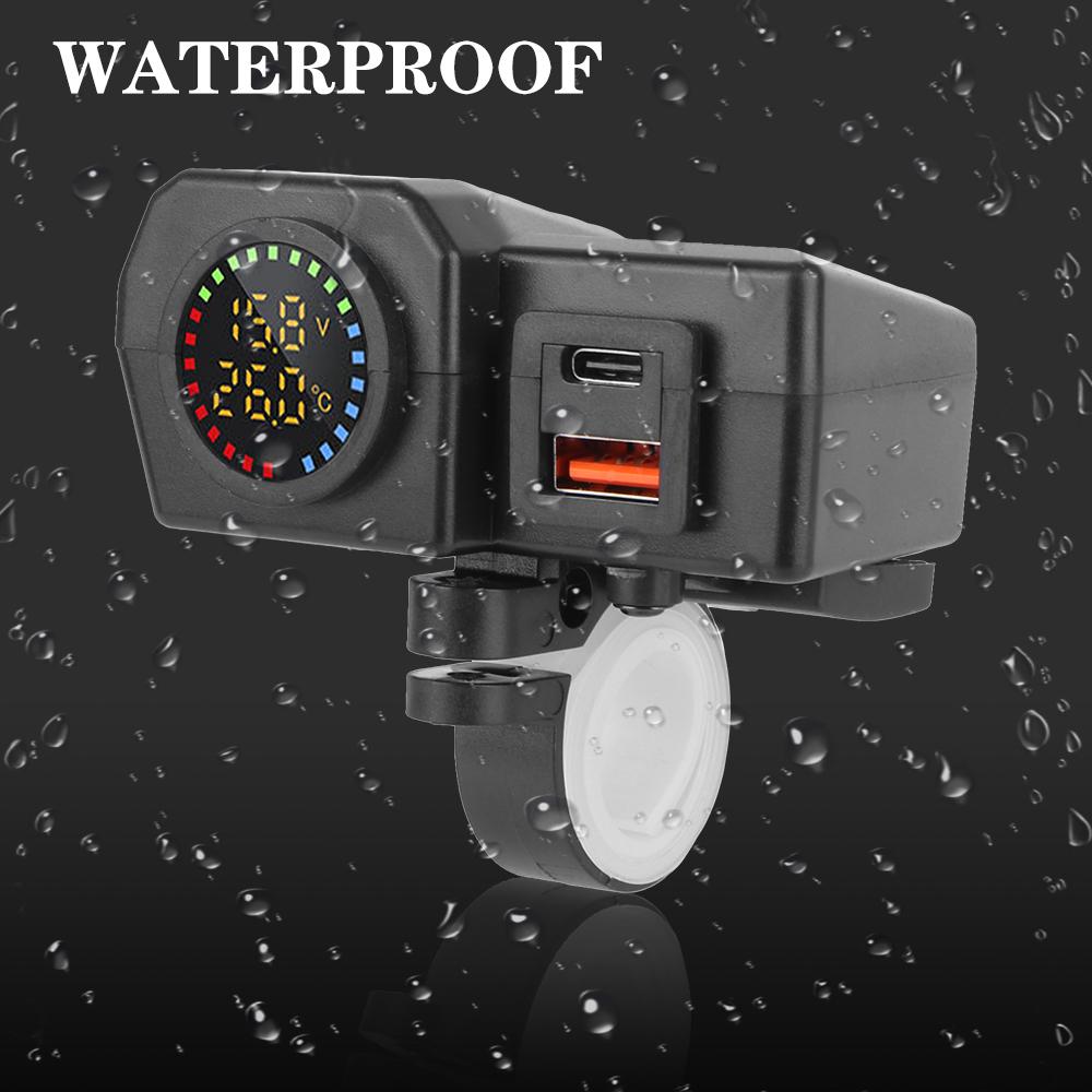 Motorcycle QC3.0 PD Charger Socket 36W USB Type-C Fast Charging Digital Display Voltmeter Thermometer Motorcycle Charger Plug