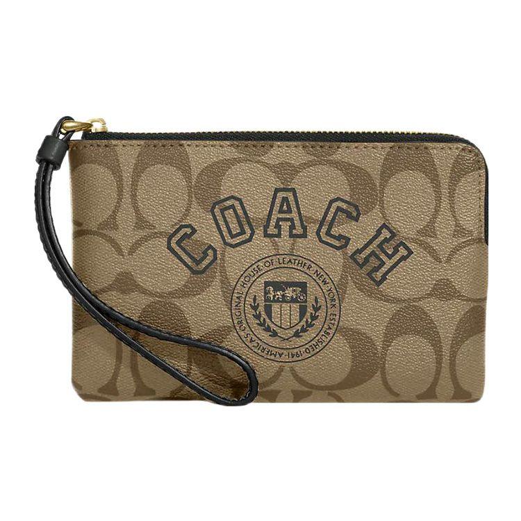 Coach Corner Zip 16 Classic Monogram Print Zipper Wristlet Women Wristlet Khaki CB855-IMRQE Basic Set (Bag+Dust Bag)