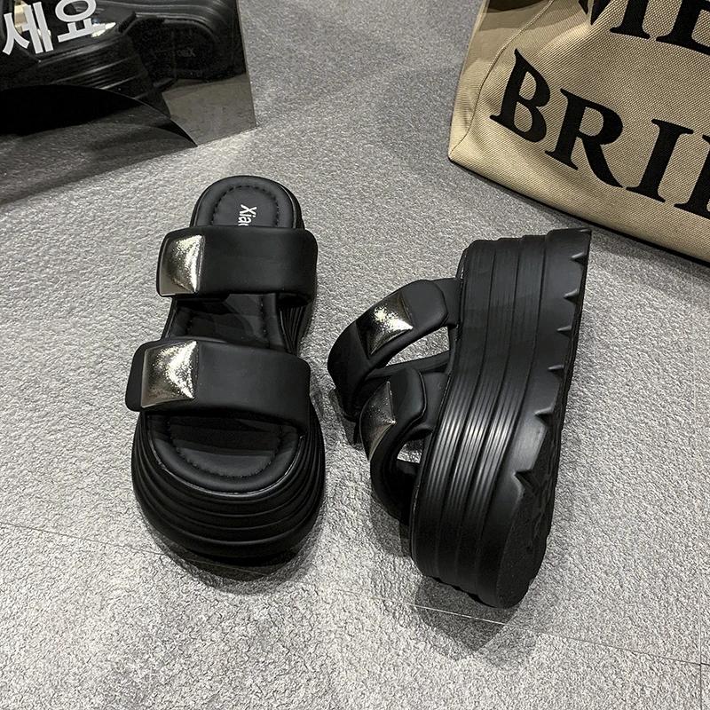 Fashion 8CM New Platform Slippers Women Summer Anti-slip High Heels Leather Chunky Sandals Casual Peep Toe Flip-flops Beach Wedge Shoes
