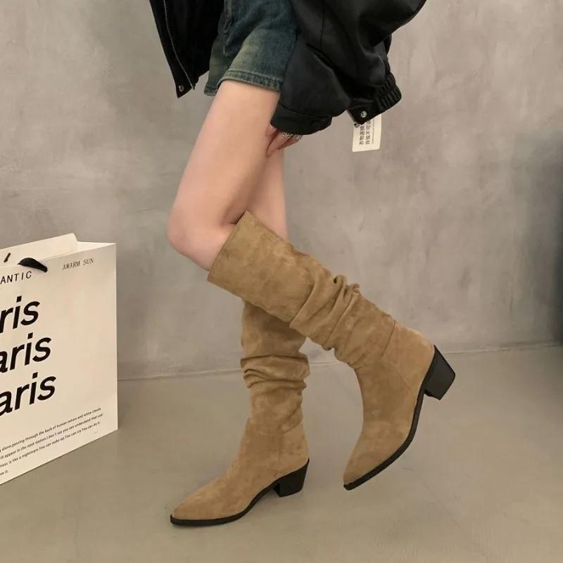 Women's Boots Pointed High-heeled Khaki Black Stacking Boots Women's New Long Tube Knight Boot High Quality Fashion Suede Boots
