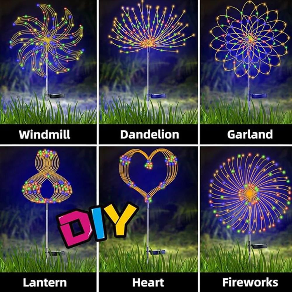 Outdoor Solar Powered Fireworks Lights 8 Modes Garden Waterproof Lawn Lamp Dandelion Light For Yard Camping Christmas Decor
