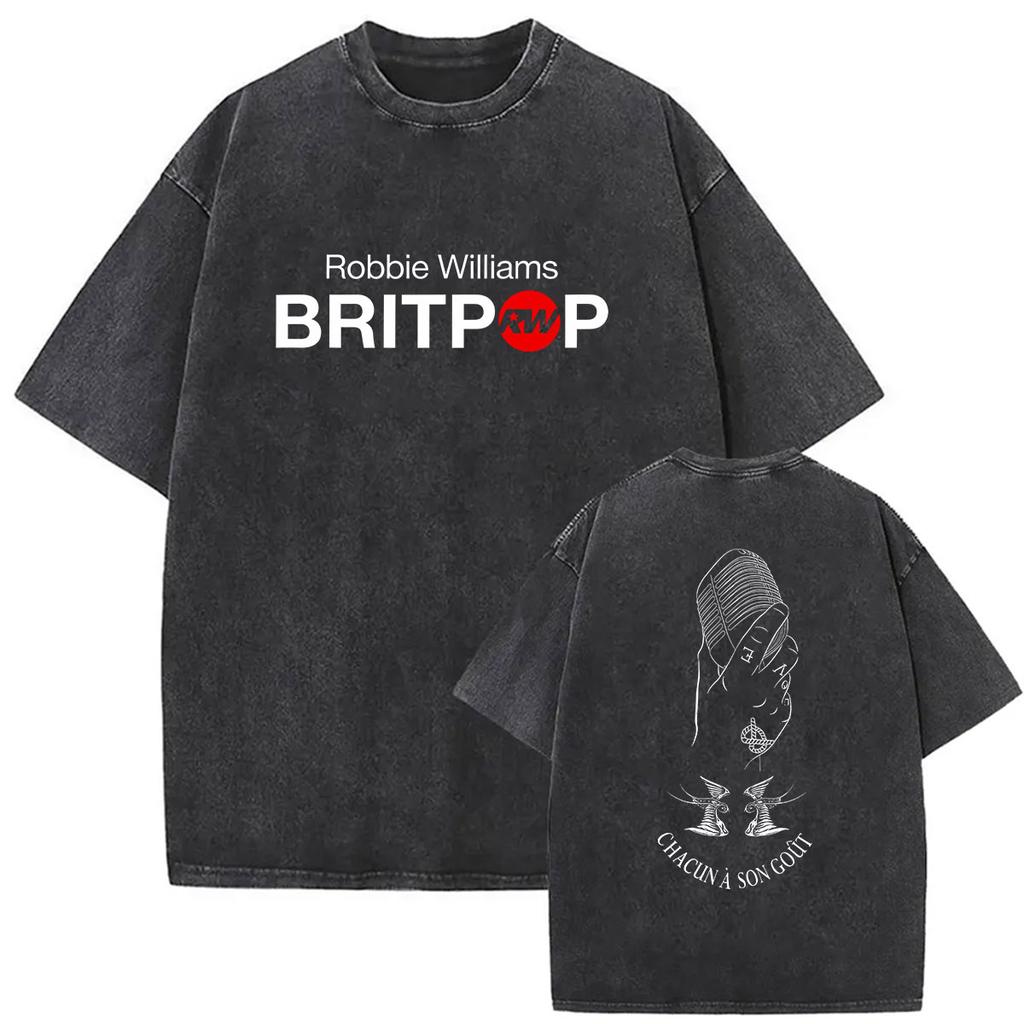 Rapper Robbie Williams BRITPOP Tour 2026 Vintage Washed T Shirts Men's Hip Hop Gothic Fashion Short Sleeve T-shirts Streetwear