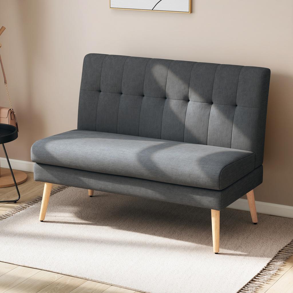 2-Seater Sofa, Tufted Backrest, Wooden Legs, Thick Padding, Linen Look, for Small Spaces, Grey