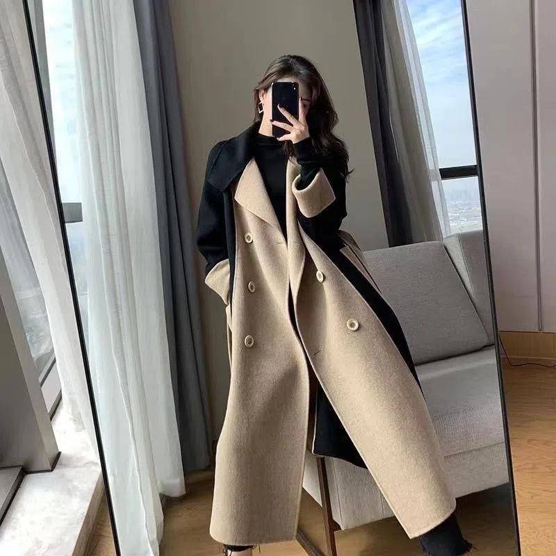 

Women s Long Wool Coat - Double-Sided Fleece, Color Block, Hepburn Style, Slimming Overcoat. Medium