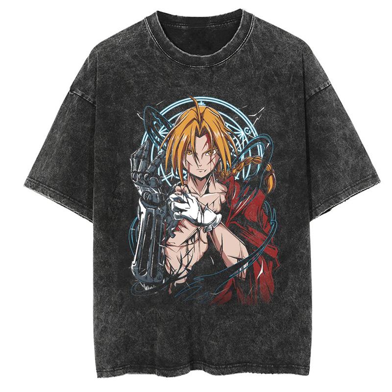 T-shirt Stampata Mustang Roy Anime Fullmetal Alchemist Uomo Donna Estate Larga Grafica T-shirt in Cotone Lavato