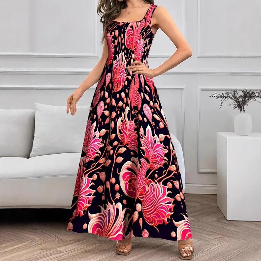 Women's Sleeveless Square Collar Printed Elegant Long Vest Dress