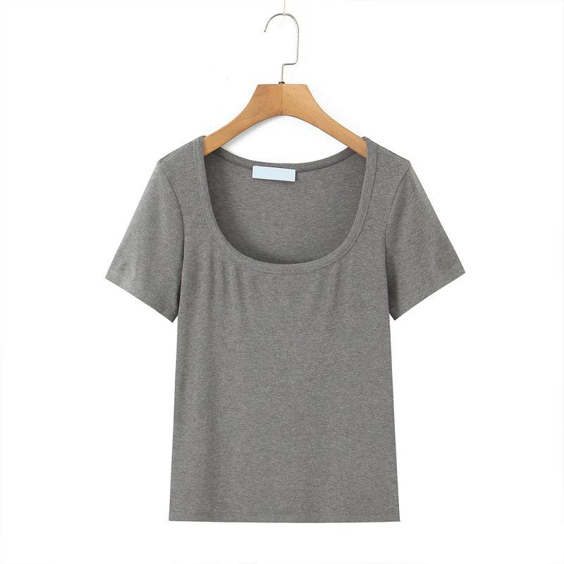 

Stretchy Slim-Fit Short-Sleeve T-Shirt Plus Size Women s Clothing with Exposed Collarbone and Square Neckline 100kg Plus-Size Commuter Casual Top Pine Ash 3XL