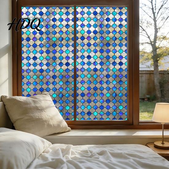 Decorative Window Film for Privacy Stained Glass Film Retro Geometric Plaid Static Cling Decal Double Removable PVC Cover Sided Sticker Doors