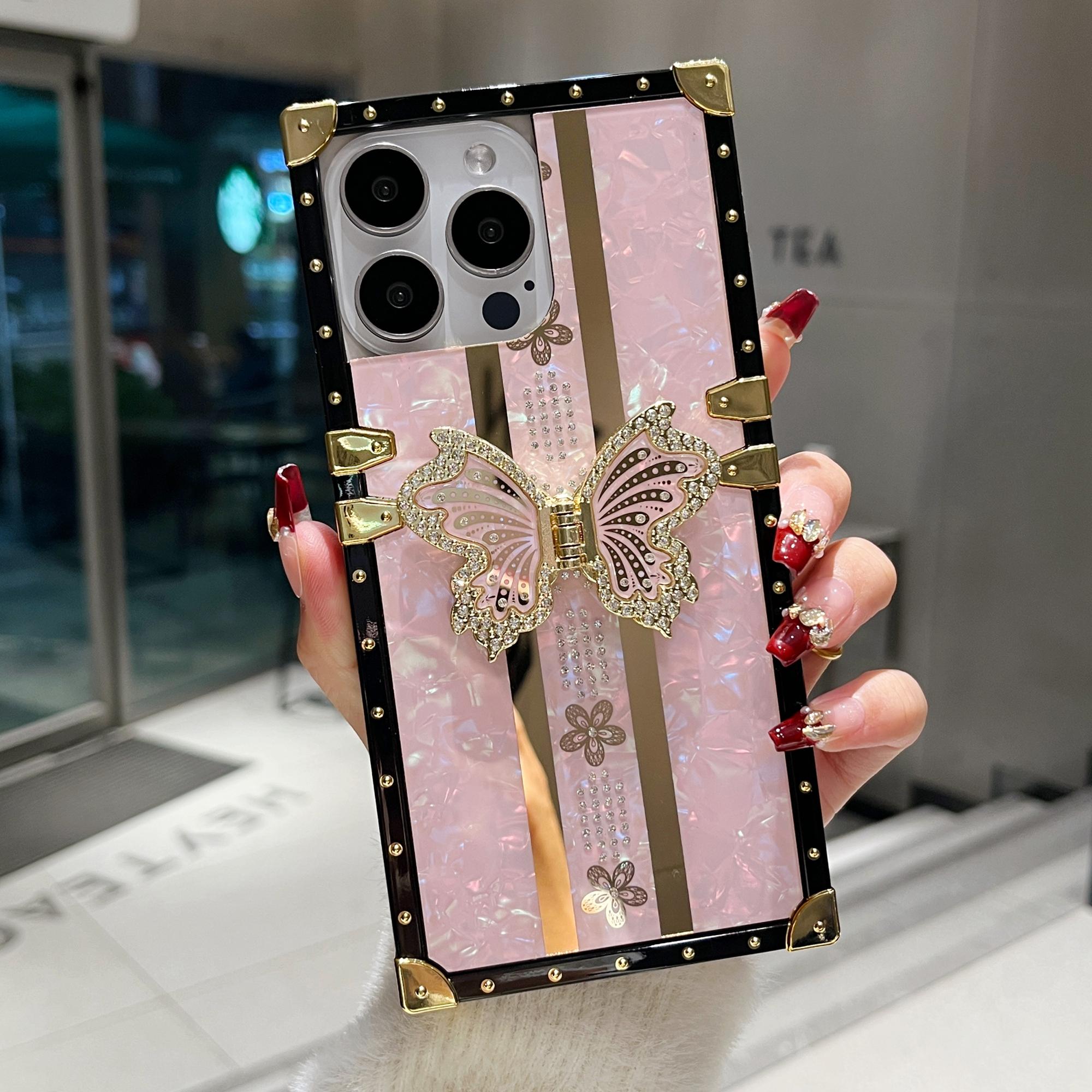

For iPhone 16 Pro Max Case TPU+PC Electroplated Butterfly Kickstand Phone Cover Pink