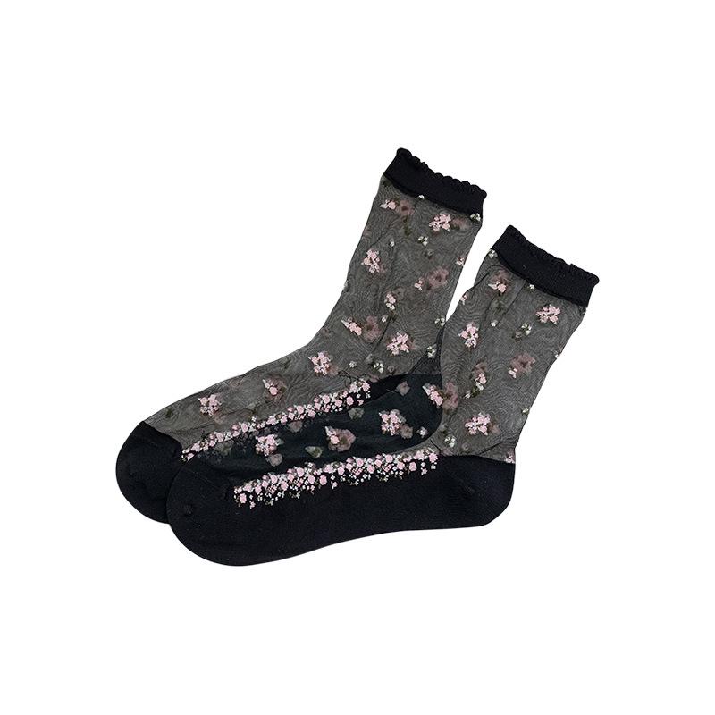 Spring/Summer Floral Lace Mid-Calf Socks - Women's Thin, Anti-Snag, Breathable, Transparent Cotton with Small Flower Design.