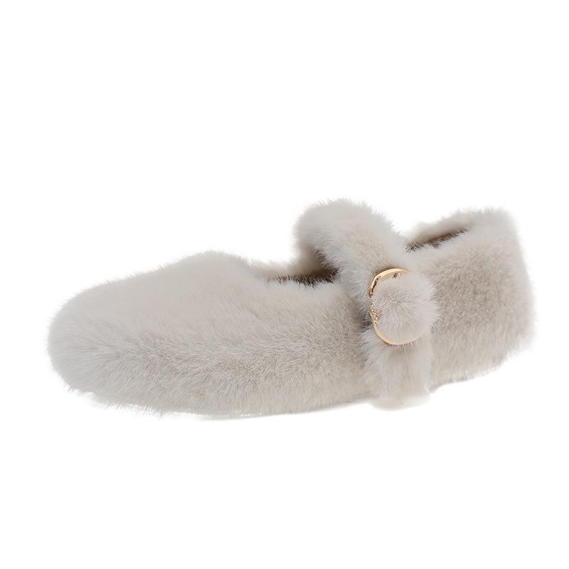 Sweet fluffy shoes for women outside, winter new velvet beanie shoes, shallow mouth trendy, flat bottom warm cotton shoes for women