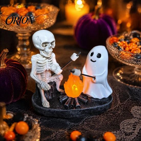 Resin Table Lamp Skeleton And Ghost Bonfire Night Lamp, Halloween Campfire Flickering Gothic Room Decor Cute Spooky Roasting Marshmallow Decoration