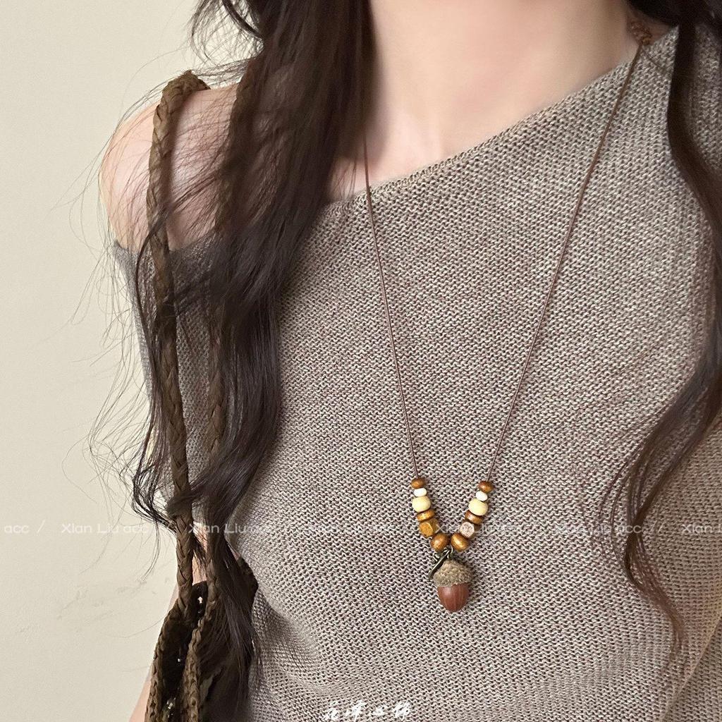 2025 New Retro Ethnic Acorn Pendant Necklace - Women’s Ancient Chinese Style Long Sweater Chain Accessory