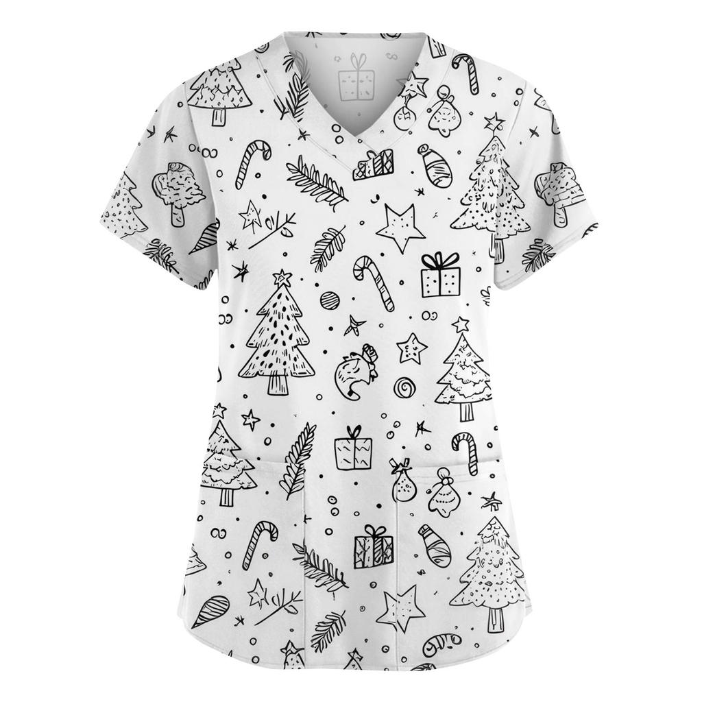 Women's Fashion V-Neck Short Sleeve Overalls With Pockets Print Tops Clothes