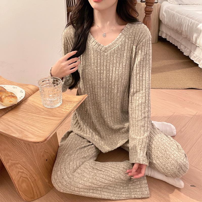 

Корейская женская пижама 2025 года с чашками для бюстгальтера: Вязаный комплект с длинным рукавом и брюками, больших размеров, для весны, осени, зимы M светло-серый