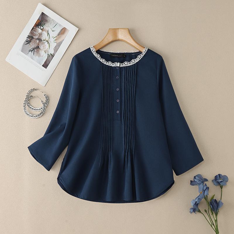 ZANZEA Women Lace Splice Round Neck 3/4 Sleeve Loose Blouse