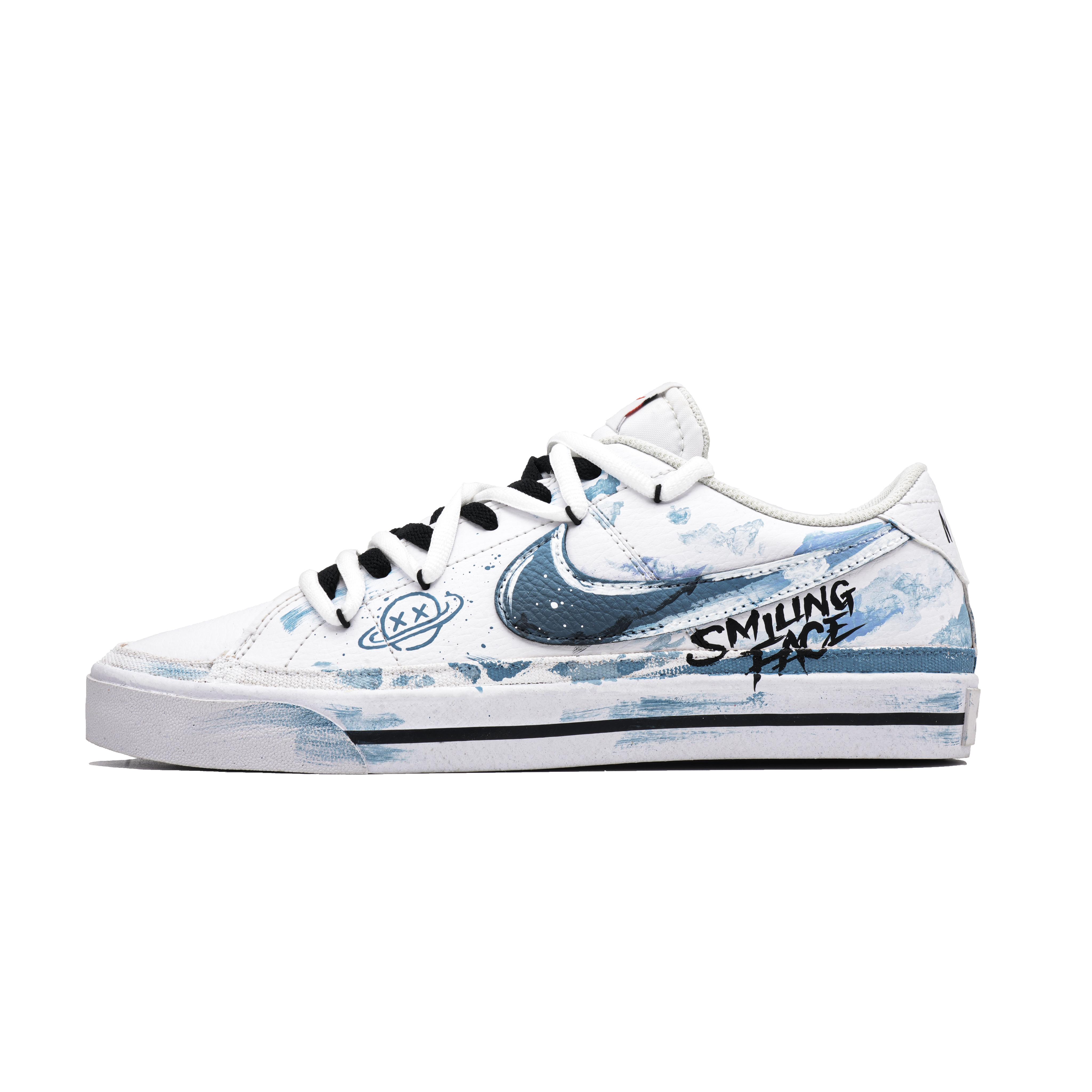 Nike Court Legacy Planet Smiley Gesicht Rutschfest Niedrig geschnitten Skateboard Schuhe Unisex Blau Weiß DH3162-100(Team1047-) 42.5