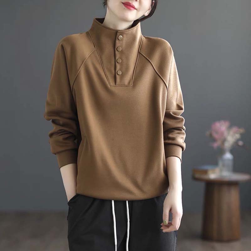 Sweatshirt for Women Autumn Winter Thickened Warm Stretchy Long Sleeve Oversize Solid Color Half-high Collar Tops