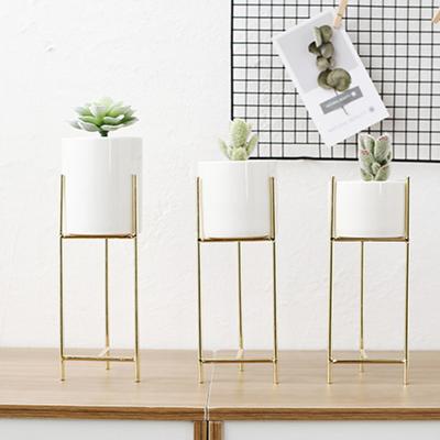 1 Set Flower Pot Stylish Iron Frame Flower Stand Elegant Ceramic Flowerpot for Home Office Room