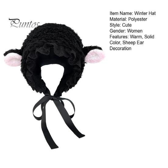 Lady Winter Hat Ladies Photo Prop Sheep Ear Decor Solid Color Fluffy Thick Keep Warm Windproof Adjustable for Students