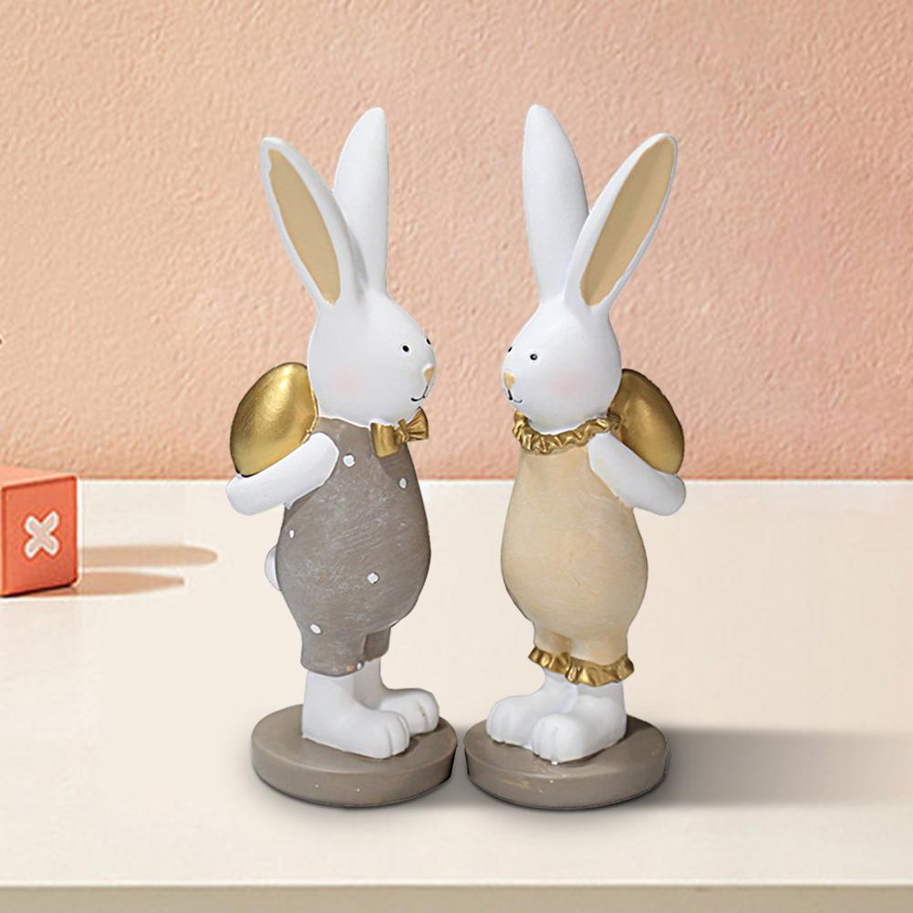 1 Pair Rabbit Ornament Hand-painted Synthetic Resin Happy Easter Hunting Egg Bunny Figurine Decor Easter Decoration 2025
