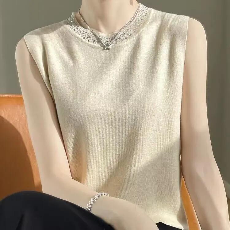 

Women s Spring/Summer Suit-Style Round-Neck Knit Tank Top: Solid Color, Simple, Sleeveless, Commuter-Friendly, Strapless Base Layer 4XL абрикосовий