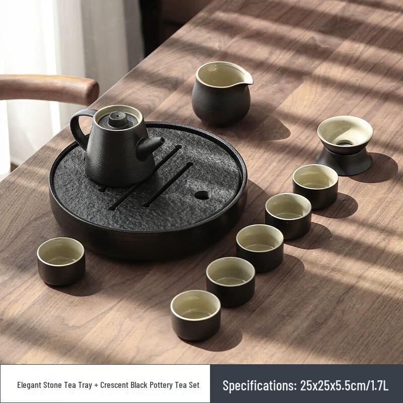 Modern Black Pottery Kung Fu Tea Set with Wooden Tea Tray