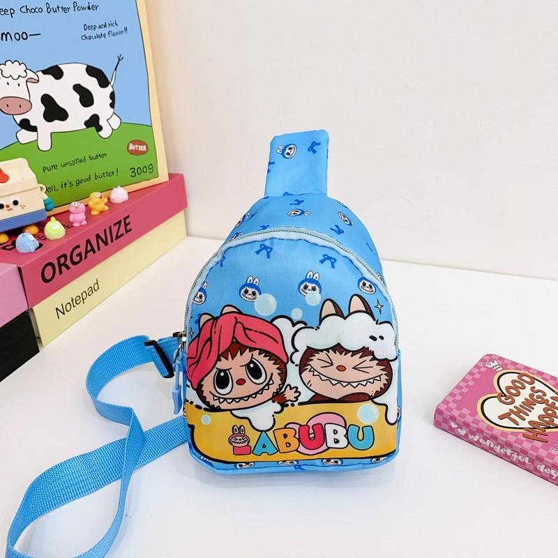 Labubu Pattern Childrens Cartoon Nylon Crossbody Bag With Breathable Wearresistant Material For Preschool Kids Blue Smile
