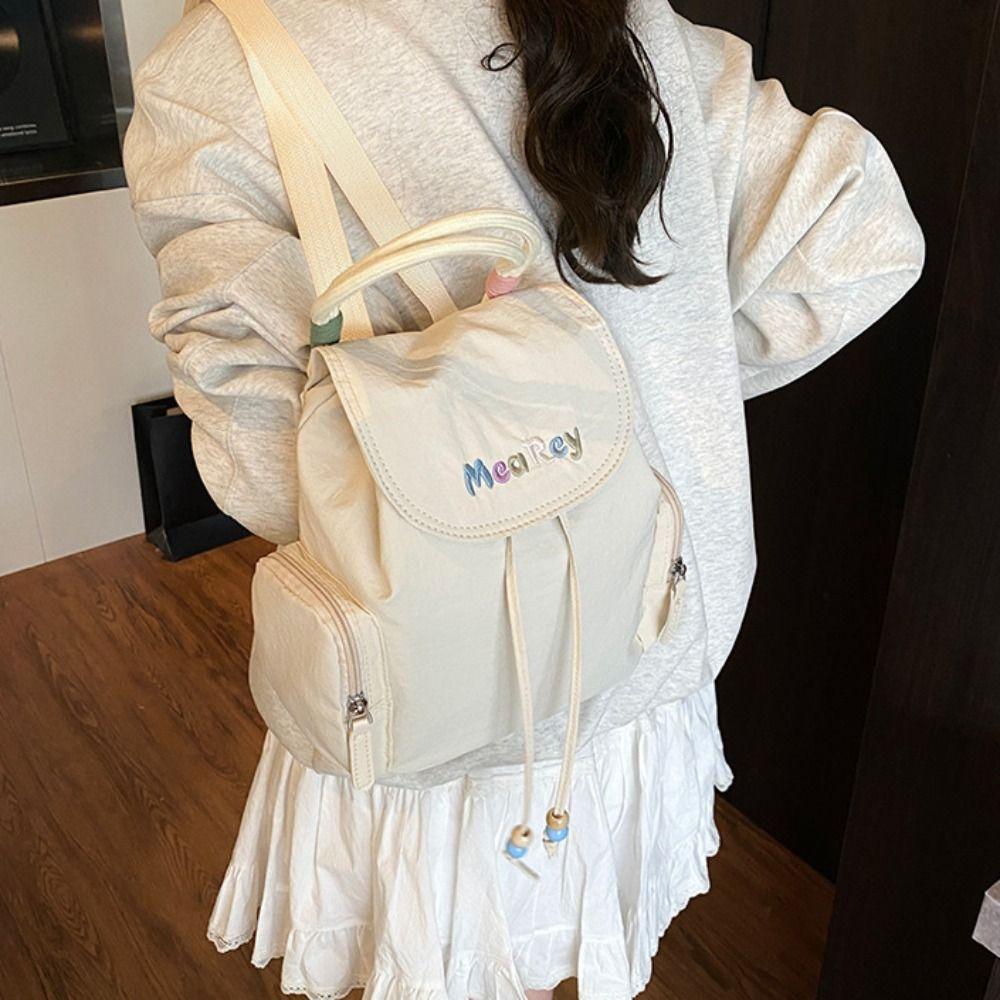 Letter Embroidery Students School Bag Nylon Shoulder Bag Kawaii Drawstring Backpack  Outdoor