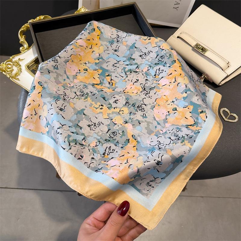 New Floral Print Shawl Square Scarf for Women Soft Satin Wraps Neckerchief Female Hair Bands Ribbon Headband Bandana