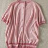 Color Blocking Walking Bright Silk Short Sleeved Knitted Sweater for Women Light Mature Pink Single Breasted Bottom Top