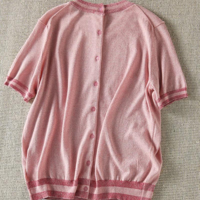 Color Blocking Walking Bright Silk Short Sleeved Knitted Sweater for Women Light Mature Pink Single Breasted Bottom Top