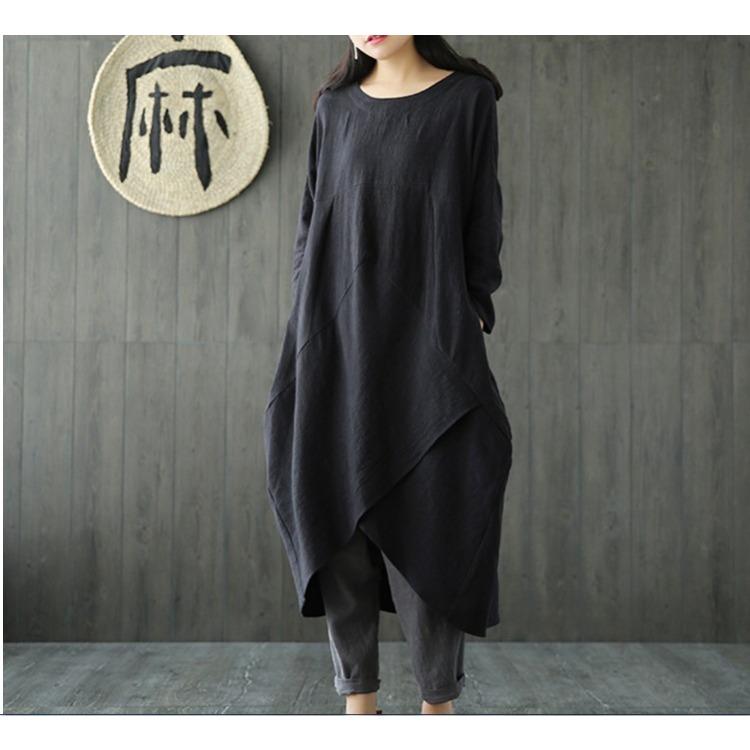 Übergröße Frühling Ethnisch Stil Raglanärmel Baumwolle Leinen Kleid Locker Schlank Eleganter Stil Bequem Leicht Hohe Wiedererkennung