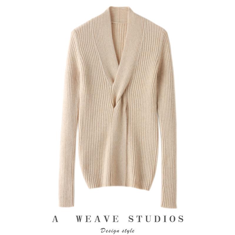 Women's Pure Cashmere V-Neck Cable Knit Sweater - Elegant, Slimming Autumn/Winter Top