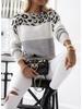 Women's Colorblock Leopard Print Round Neck Sweater - Long-Sleeved Casual Knit Pullover for Autumn/Winter.