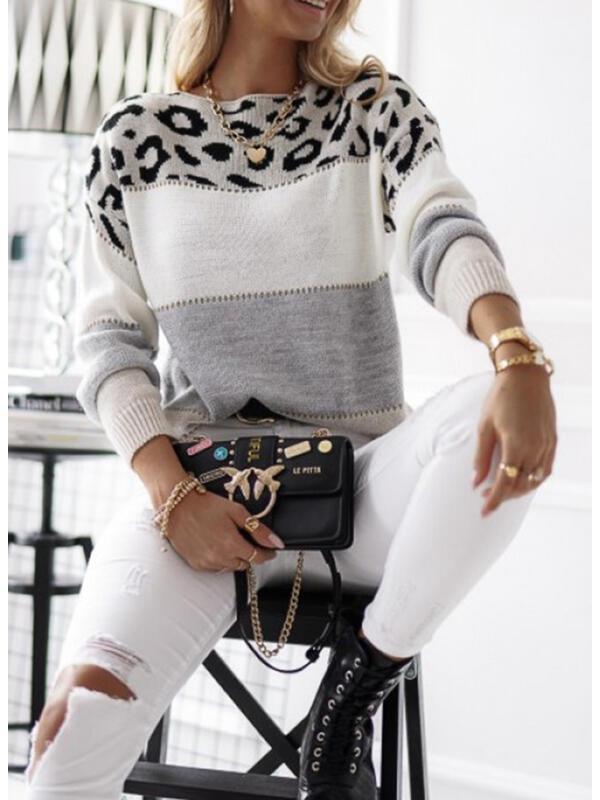 Women's Colorblock Leopard Print Round Neck Sweater - Long-Sleeved Casual Knit Pullover for Autumn/Winter.
