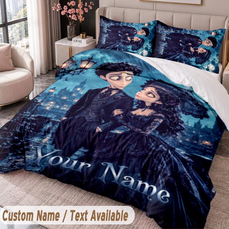 Custom Name Text 3Pcs Bedding Set Corpse Bride Emily Victor Duvet Cover And Two Pillowcases