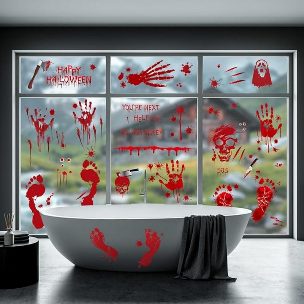 Halloween Wall Doors Windows Stickers Blood Handprint Footprint Skull Pattern Halloween Party Scene Decor Supplies Horror Props